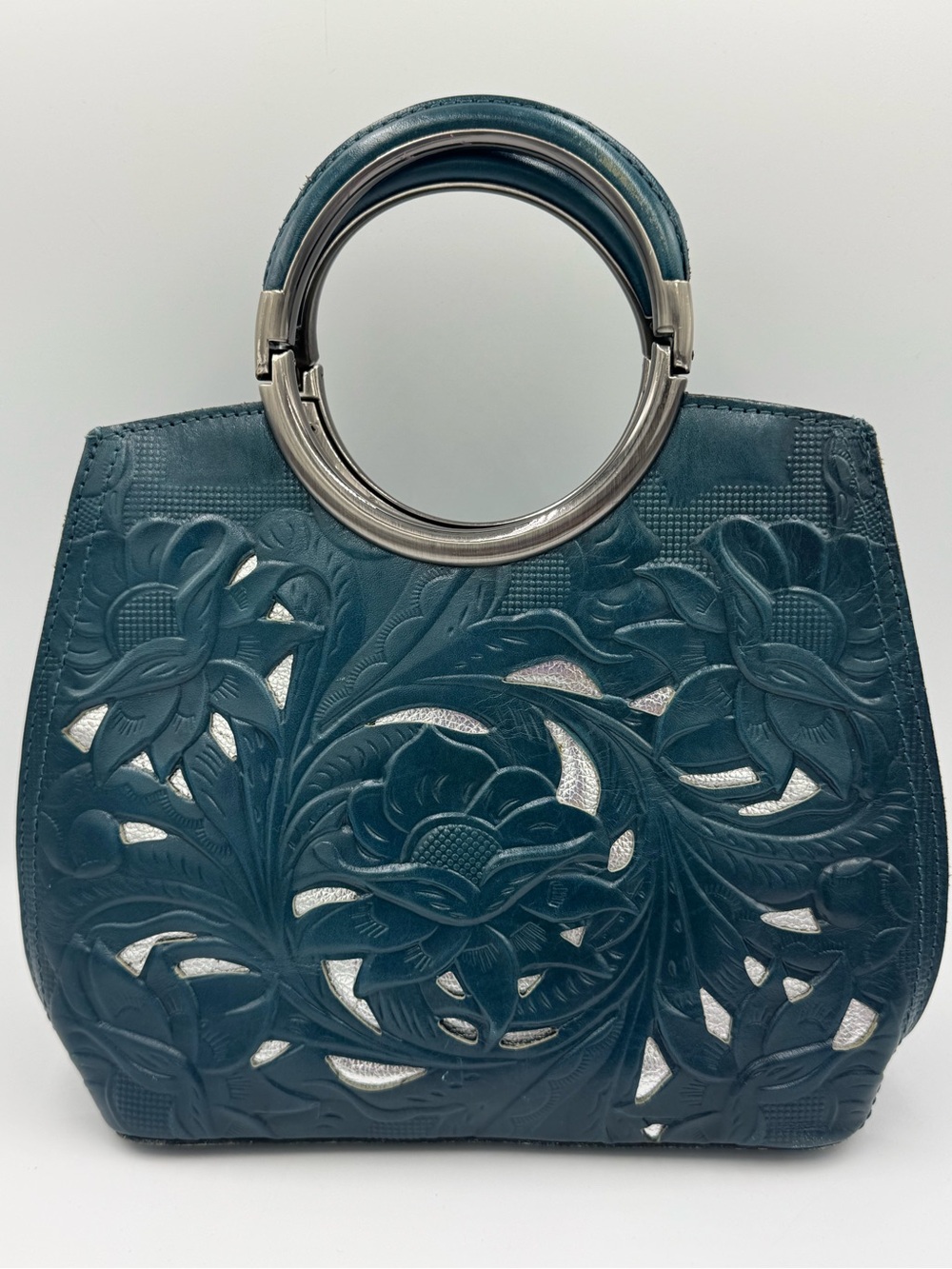 Patricia Nash Teal Floral Cutout Leather Top-Handle Satchel w/ Adjustable Strap - Picture 2 of 15